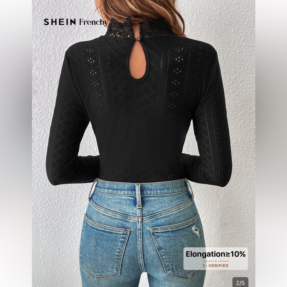 SHEIN bodysuit large eyelet Black Lace Long Sleeve Top frenchy - Picture 2 of 3